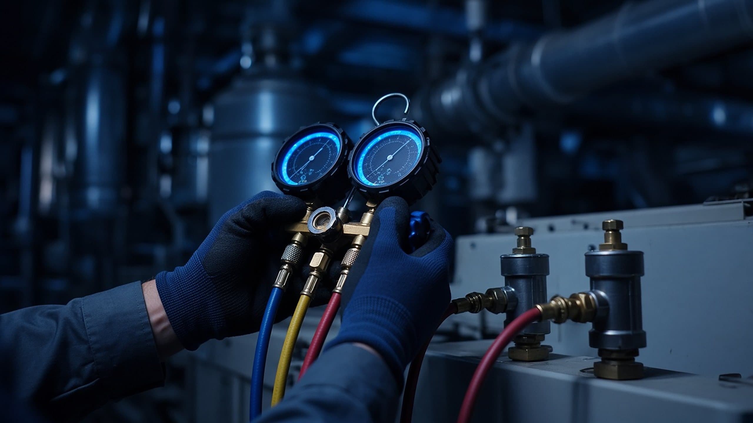 Engineer reading refrigerant manifold gauges
