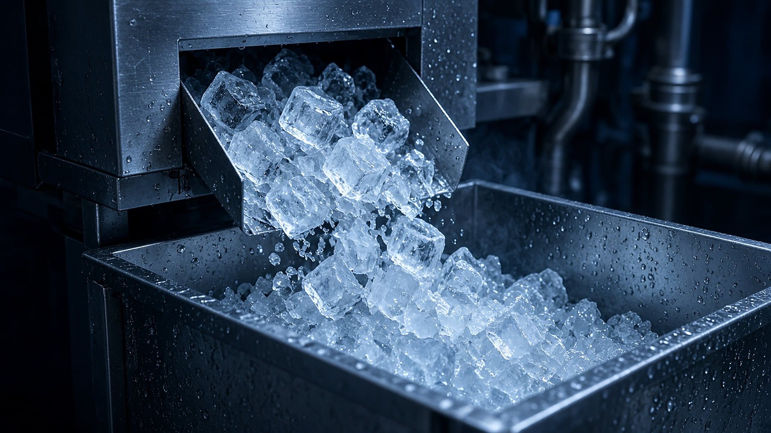 Industrial ice machine discharging ice