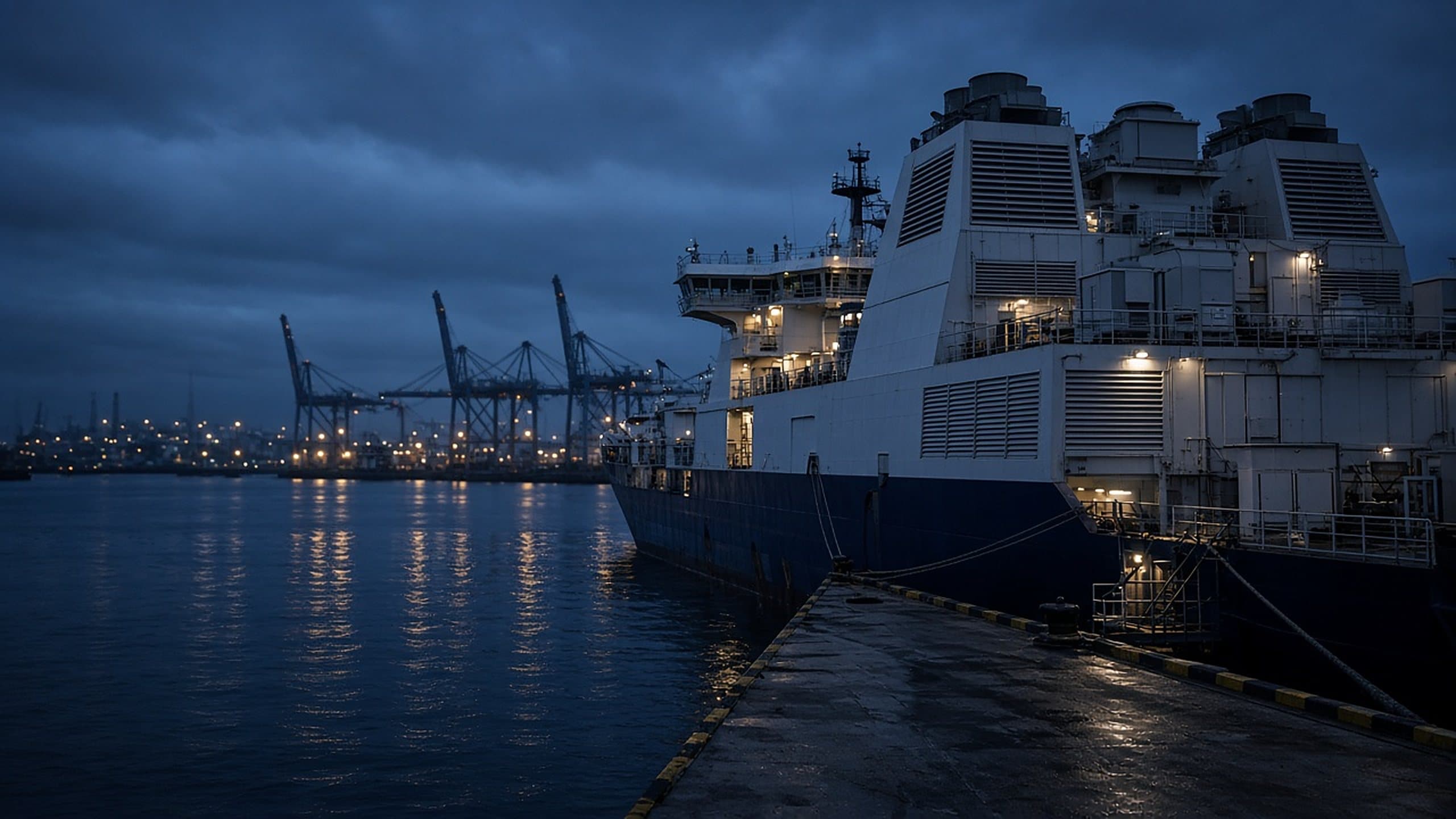 Commercial vessel docked at a port at dusk